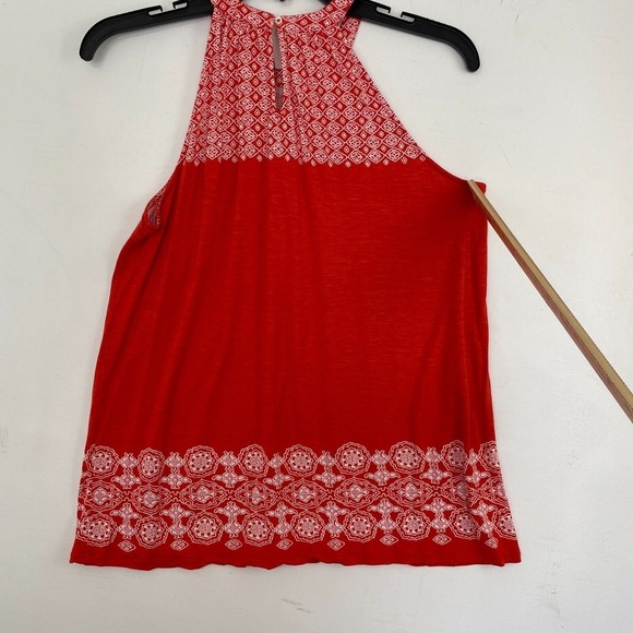 LOFT High Neck Halter Tank Top Women XS Red White Geometric Border Print Knit - Picture 7 of 10